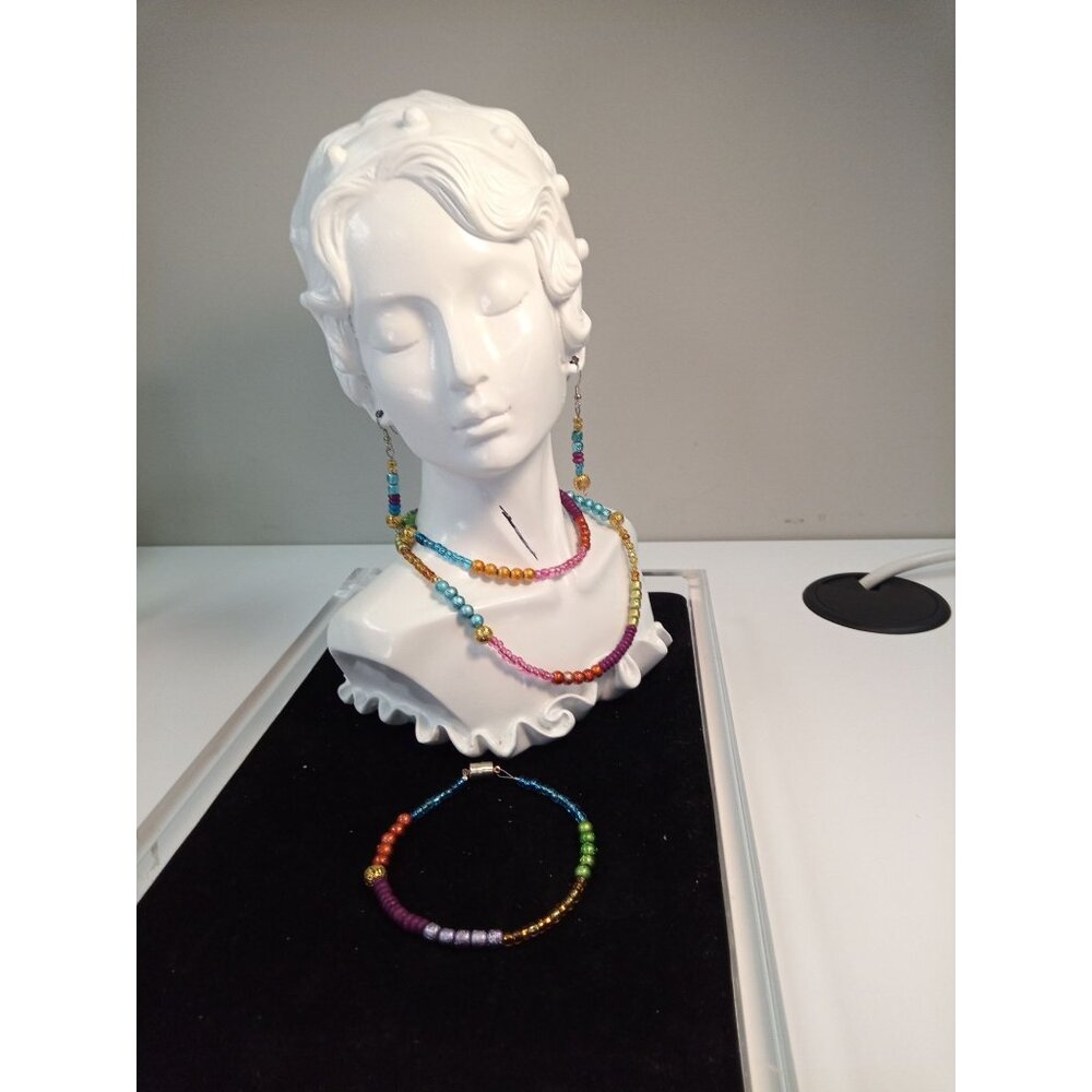 Handmade Rainbow & Gold Color Blocked Glass Bead Necklace Bracelet Earrings Set
